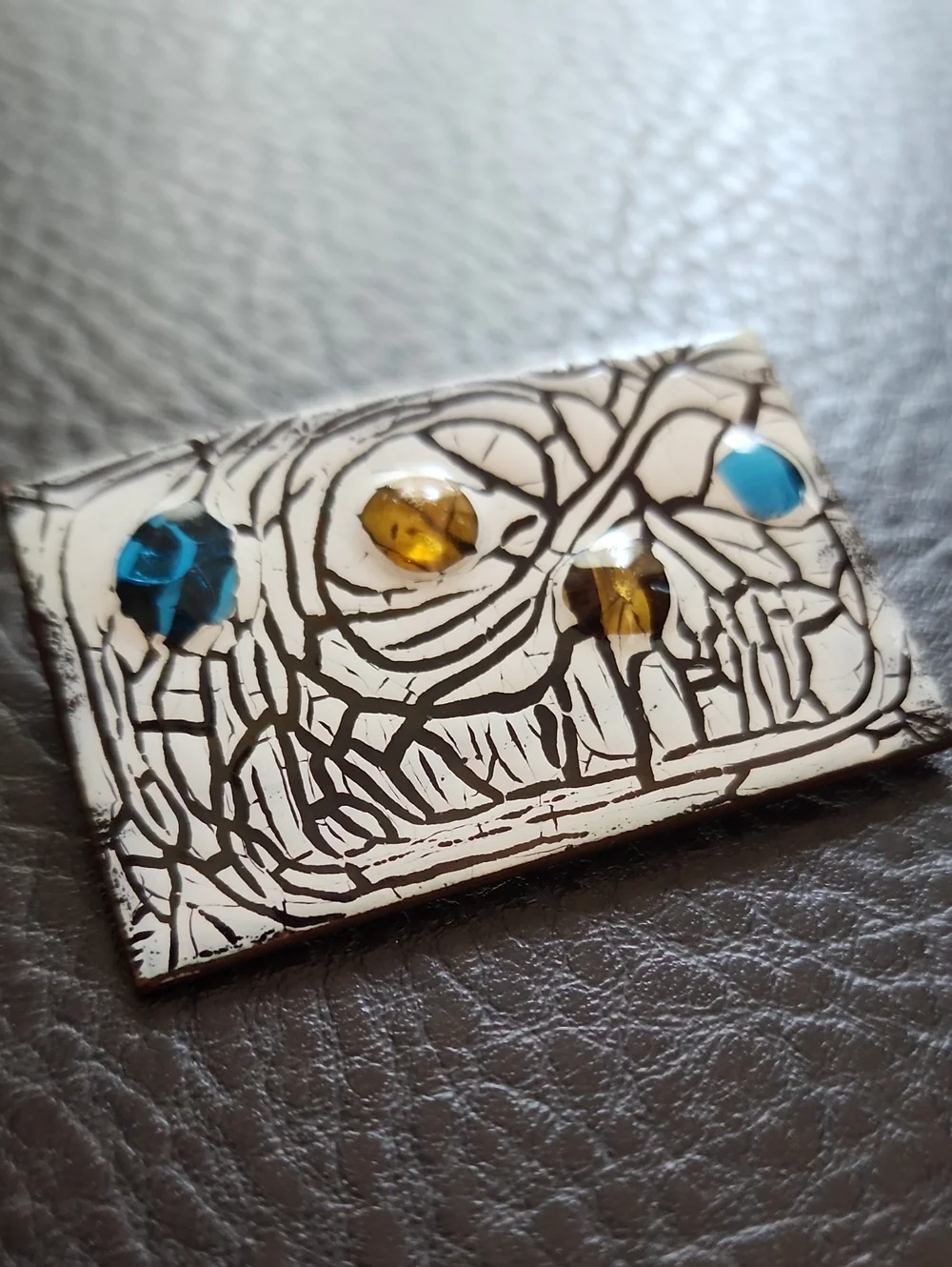 VTG White and Black Abstract Art Tile Brooch with Blue and Amber Accents
